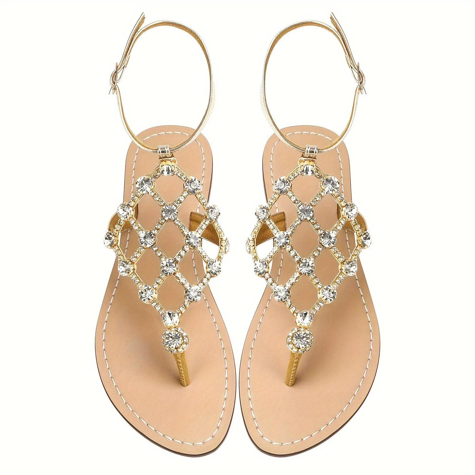 Womens Flat Heel T-Strap Rhinestone Sandals - Buckle Closure, PU Faux Leather Upper, Rubber Sole, Comfortable Split Toe Design - Perfect for Summer Vacation, Daily Wear, and Outdoor Activities