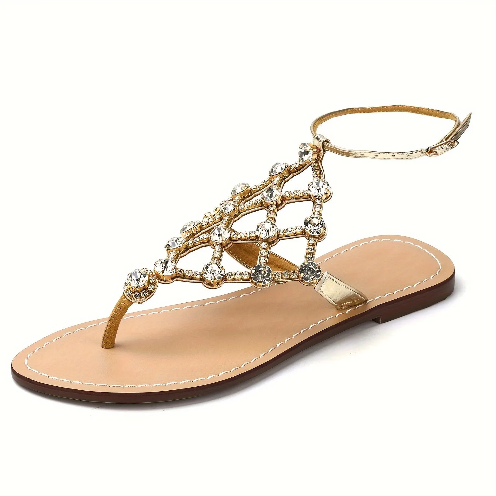 Womens Flat Heel T-Strap Rhinestone Sandals - Buckle Closure, PU Faux Leather Upper, Rubber Sole, Comfortable Split Toe Design - Perfect for Summer Vacation, Daily Wear, and Outdoor Activities