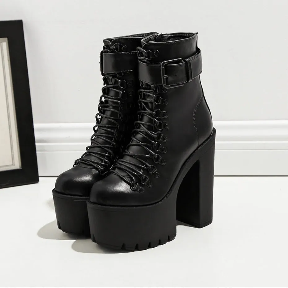 Womens Goth Lace Up Boots Platform Chunky High Heel Ankle Boots With Buckle