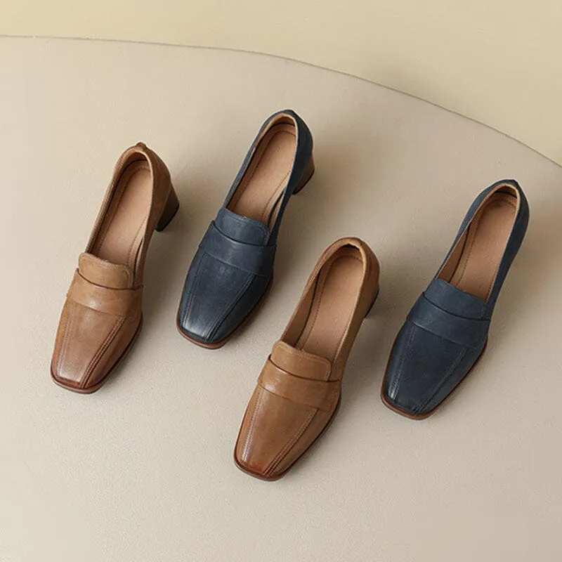 Women's Handmade Retro Square-Toe Block-Heel Loafers in Blue/Apricot