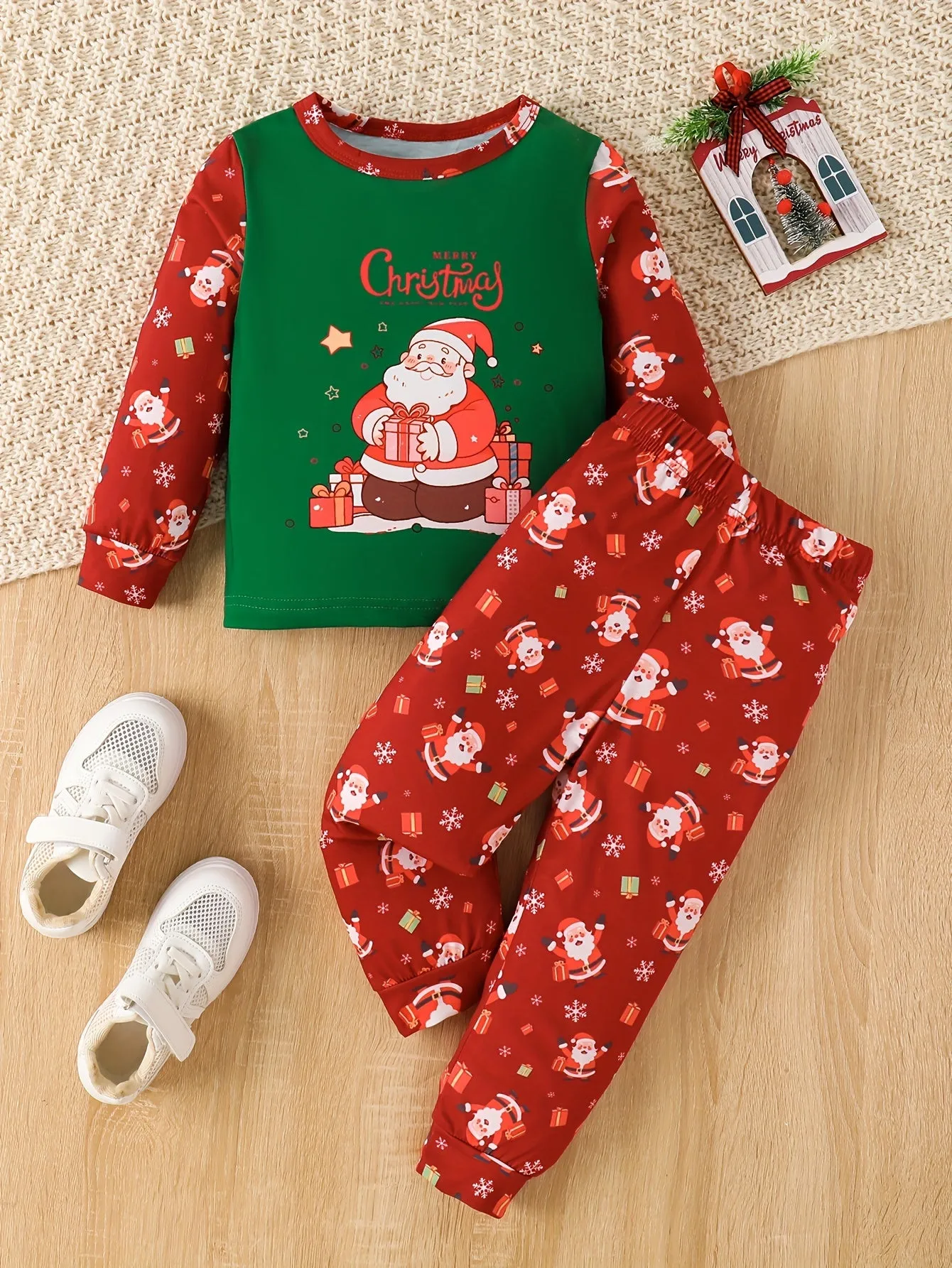 Youngsters's Autumn and Winter Christmas Print Santa Claus Round Neck Contrast Two-piece Set Youngsters's Boy's Trousers Suit, Perfect for Outdoor