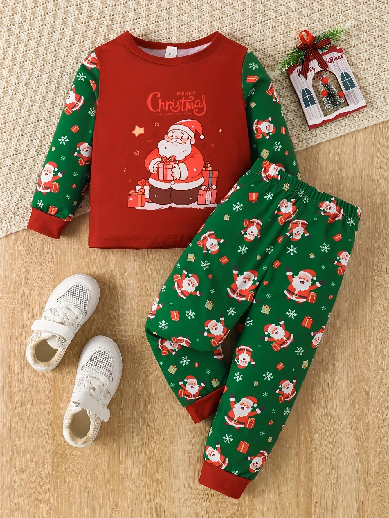 Youngsters's Autumn and Winter Christmas Print Santa Claus Round Neck Contrast Two-piece Set Youngsters's Boy's Trousers Suit, Perfect for Outdoor